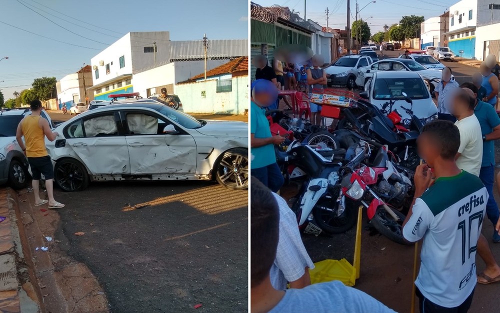 O motorista de uma BMW perdeu o controle do veículo e causou um acidente envolvendo mais 12 automóveis em Itumbiara. Ninguém ficou ferido. (Foto: Reprodução/TV Anhanguera)