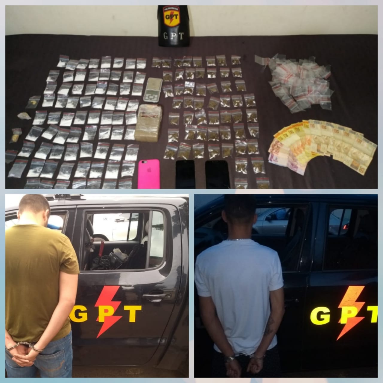 Dois homens foram presos suspeitos de tráfico de drogas em Porangatu. Com a dupla, foram encontradas diversas porções de maconha e cocaína. (Foto: Divulgação/PM)