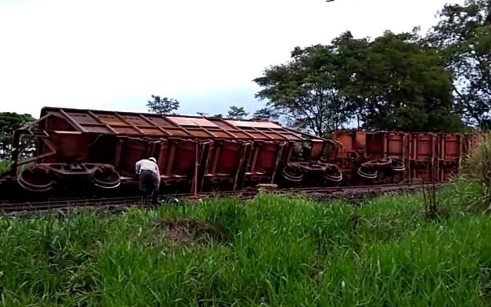 Ao todo, cinco vagões da locomotiva tombara na ferrovia; empresa responsável trabalha pela realizar a manutenção e remoção do veículo (Foto: Leitor / Mais Goiás)