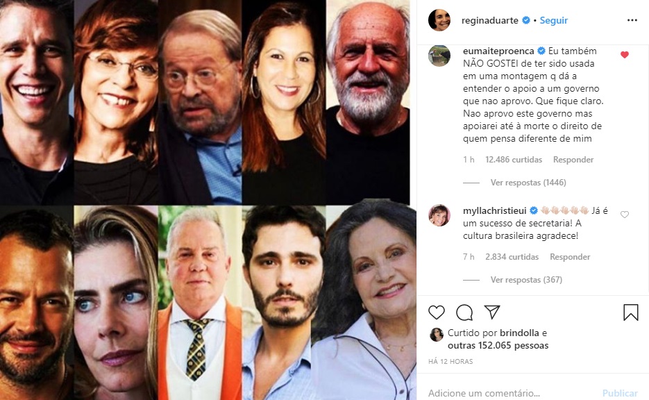 Regina Duarte retira colagem após ser criticada por artistas por associá-los a Bolsonaro