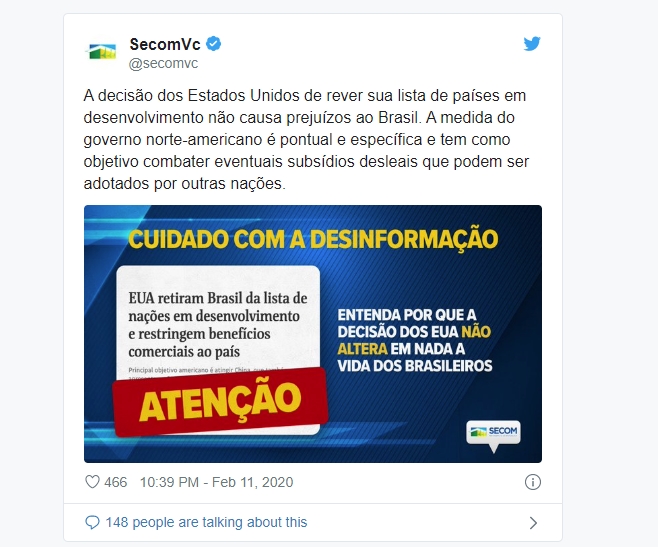 A Secom da Presidência informou pelo Twitter que a retirada do Brasil da lista dos EUA não causa prejuízo. (Foto: reprodução)