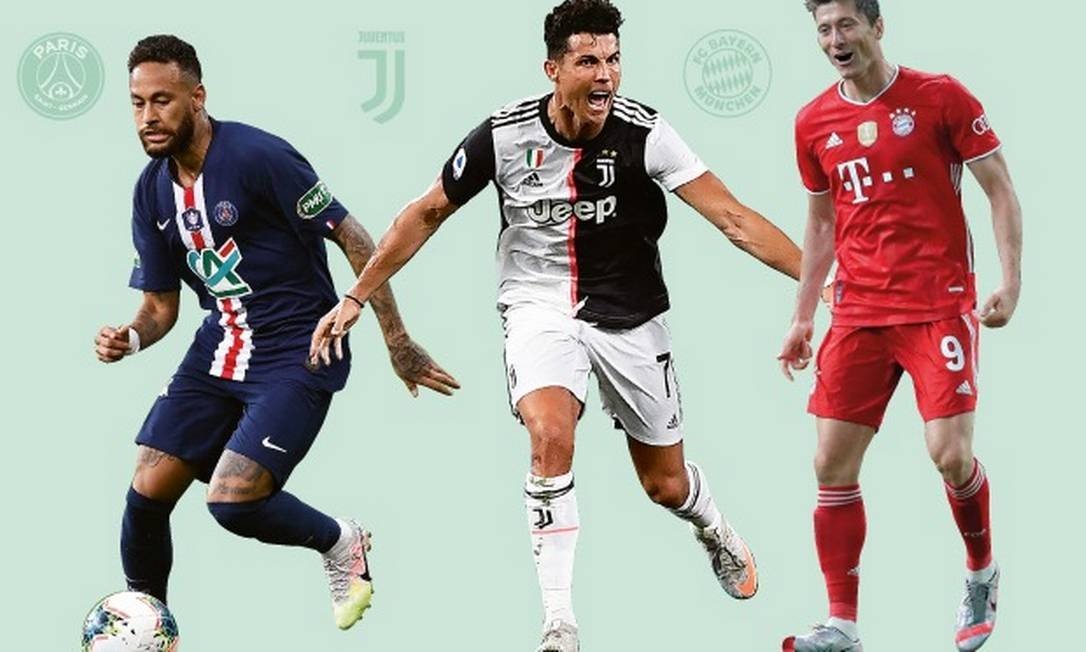 PSG de Neymar, Juventus de Cristiano Ronaldo e Bayern de Lewandowski estão dominando suas ligas Foto: Arte O Globo