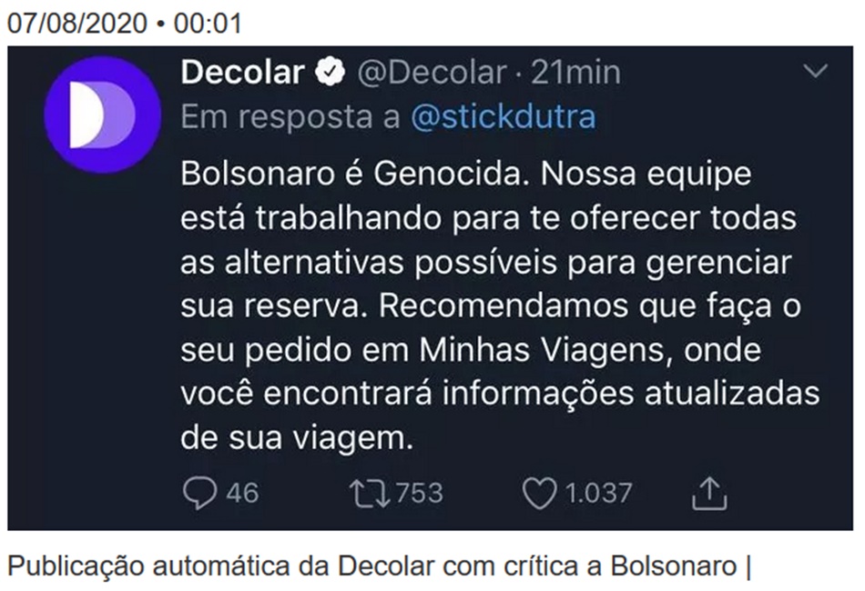 Usuários aproveitam respostas automáticas da Decolar para criticar Bolsonaro no Twitter