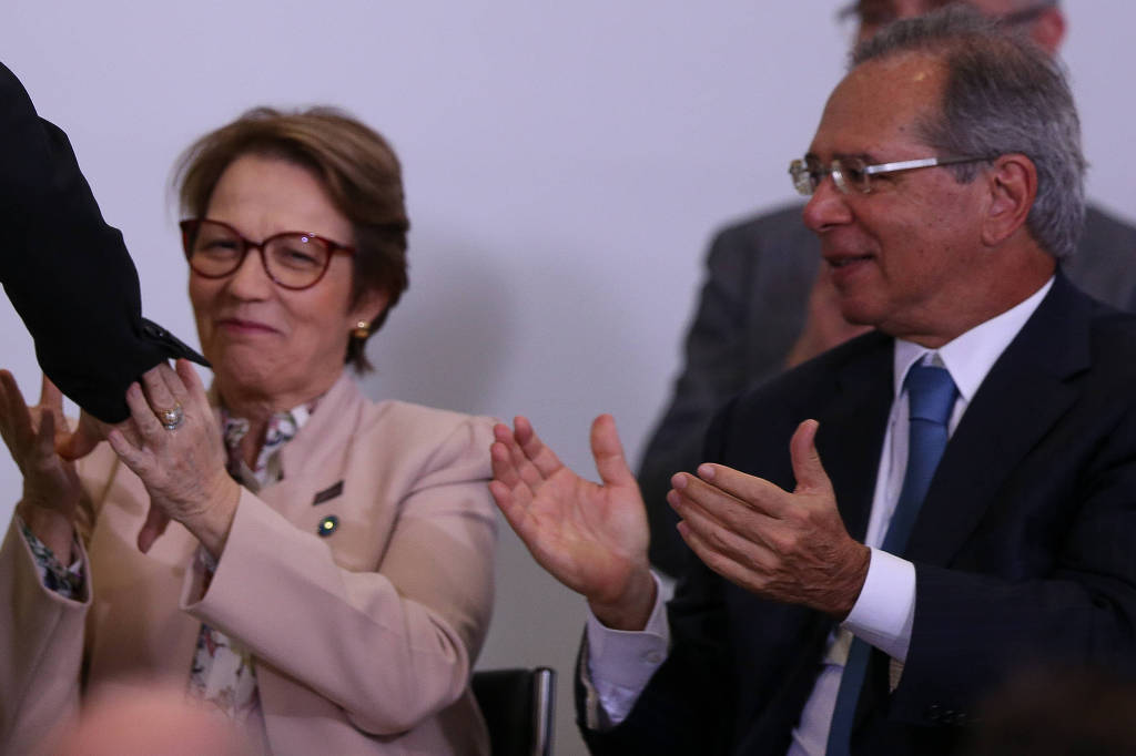 Ministra da Agricultura, Tereza Cristina e o ministro da Economia, Paulo Guedes (Foto: Pedro Ladeira/Folhapress)