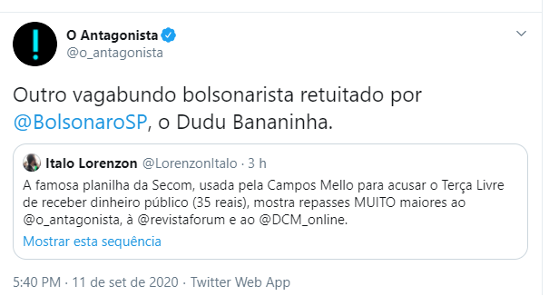 O Antagonista chama seguidor de Eduardo Bolsonaro de vagabundo