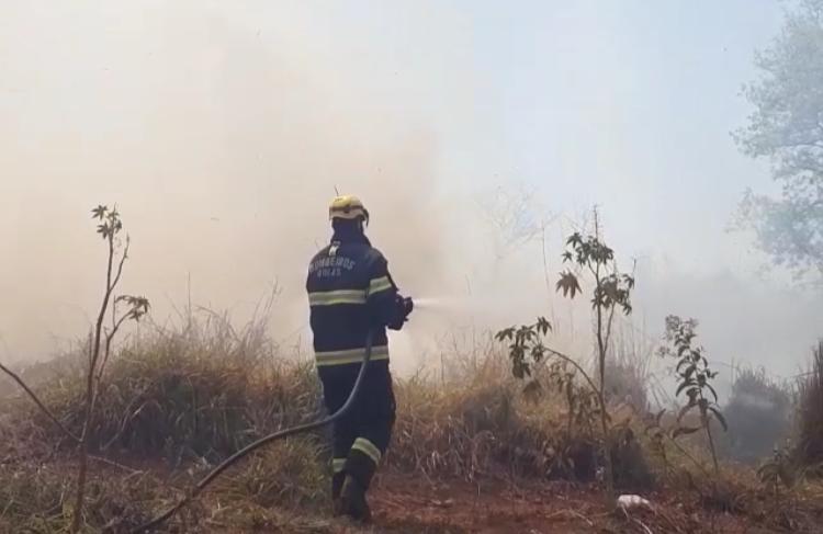 Em Goiânia, bombeiros combatem incêndio em vegetação de chácara de eventos
