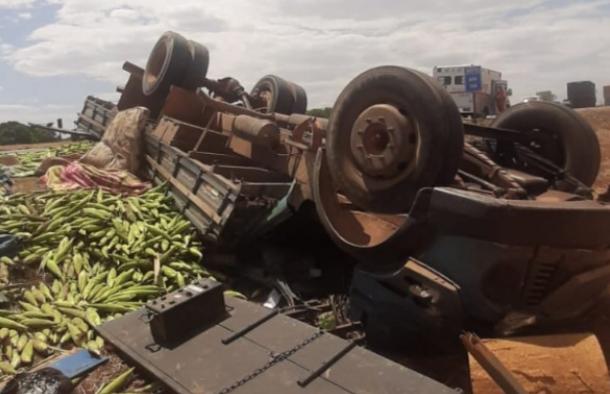 Em Goianápolis, caminhão que transportava milho sai da pista e capota
