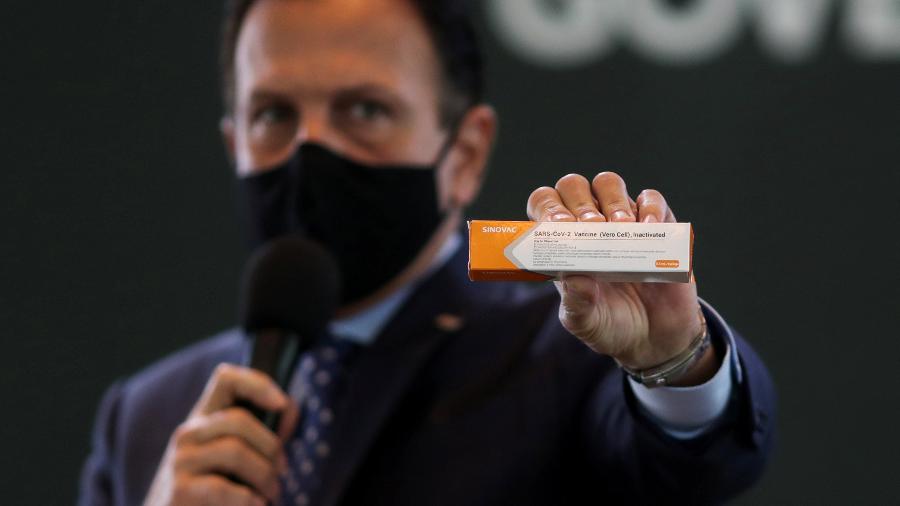 Governador de SP, João Doria, segura caixa da possível vacina para Covid-19 desenvolvida pela Sinovac em parceira com o Instituto Butantan (Imagem: Agência Brasil)