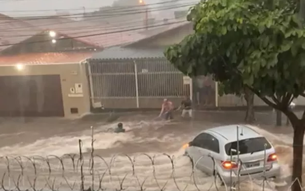 Vizinhos jogam corda para salvar homem levado por enxurrada em Goiânia, Goiás (Foto: Reprodução)