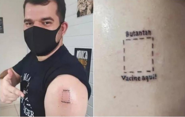 Estudante faz tatuagem para vacinação: Butantan, vacine aqui