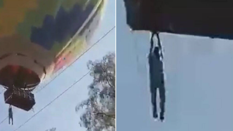 Um acidente durante um passeio de balão em Teotihuacan, no México, foi filmado na semana passada. O balão já estava no céu, quando um de seus passageiros caiu do cesto, se pendurou nele por um tempo e, então, teve que se agarrar em uma corda para evitar uma queda brusca - Mexicano cai de balão e se agarra em corda para não morrer; assista