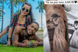 Viúva de MC Kevin faz tatuagem na perna homenageando o cantor