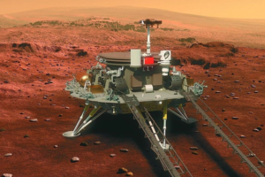 Concepção artística do rover Zuhrong sobre o módulo de pouso, em Marte (Foto: Divulgação/CNSA)