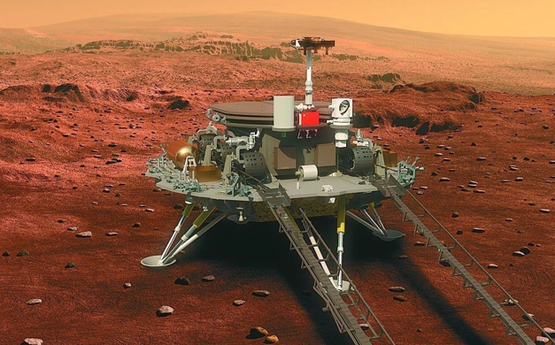 Concepção artística do rover Zuhrong sobre o módulo de pouso, em Marte (Foto: Divulgação/CNSA)