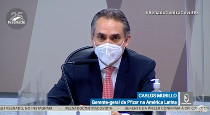 Representante da Pfizer, Carlos Murillo, na CPI da Covid no Senado (Foto: Reprodução)