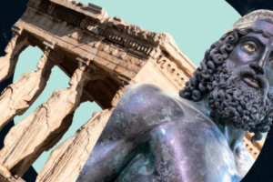 As Cariátides em mármore, e um dos Guerreiros de Riace, feito em bronze - Getty Images