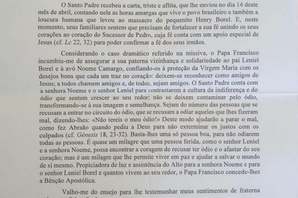 Caso Henry: Papa Francisco presta solidariedade em carta para o pai do menino