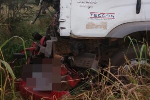 Um acidente de trânsito envolvendo um carro e um caminhão deixou duas pessoas mortas na BR-153, em Jaraguá. (Foto: divulgação/Corpo de Bombeiros)