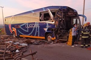 Uma colisão entre um caminhão carregado de madeira e um ônibus de viagens deixou oito pessoas feridas, na GO-020, em Bela Vista de Goiás. (Foto: divulgação)