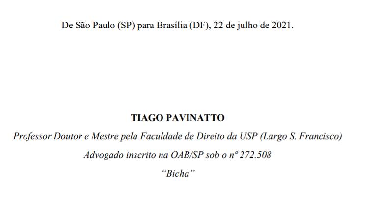Assinatura de Tiago Pavinatto em ofício enviado ao MPF - Reprodução