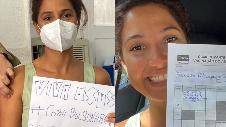 'Não se manifestar é não ver esse descalabro de mortes', diz Camila Pitanga Camila Pitanga é vacinada contra covid-19 mostrando cartaz #Fora Bolsonaro'