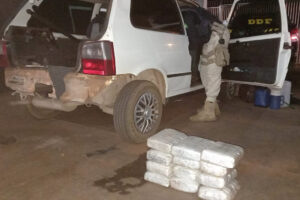 Foto mostra drogas ao lado de veículo com portas abertas, sendo vistoriado por agentes rodoviários - Casal é preso na frente do filho com 30 quilos de maconha na BR-060, em Acreúna