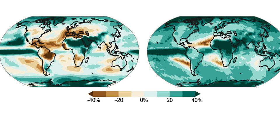 Infográfico feito pelo IPCC mostra a alteração média (à esquerda) e extrema (à direita) dos níveis de precipitação com o aquecimento global - IPCC