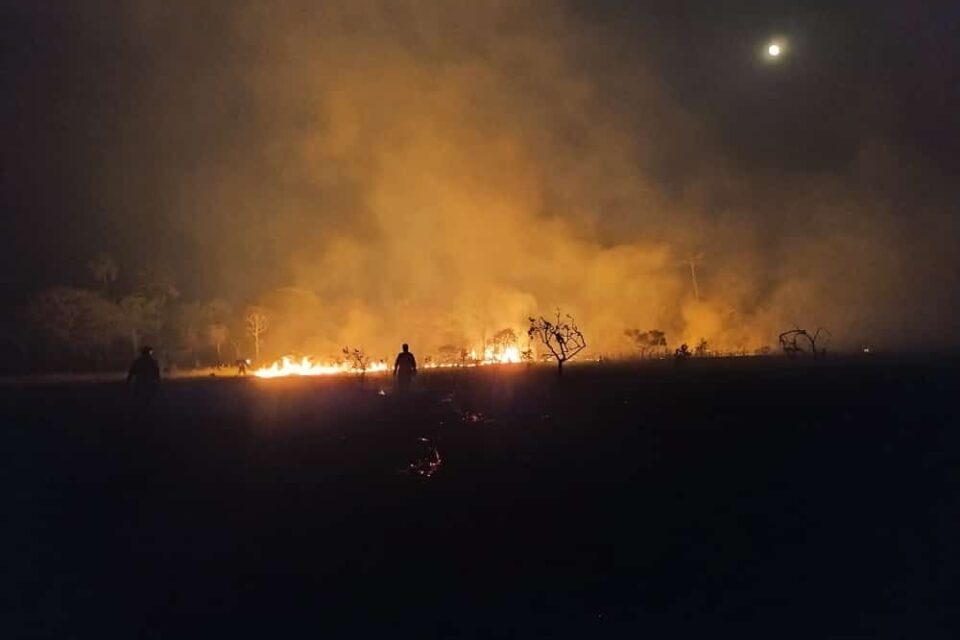 Trabalho de combate às chamas realizado à noite, no Parque Terra Ronca (Foto: Divulgação - CBMGO)