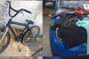 Bicicleta recuperada e roupas usadas para roubos