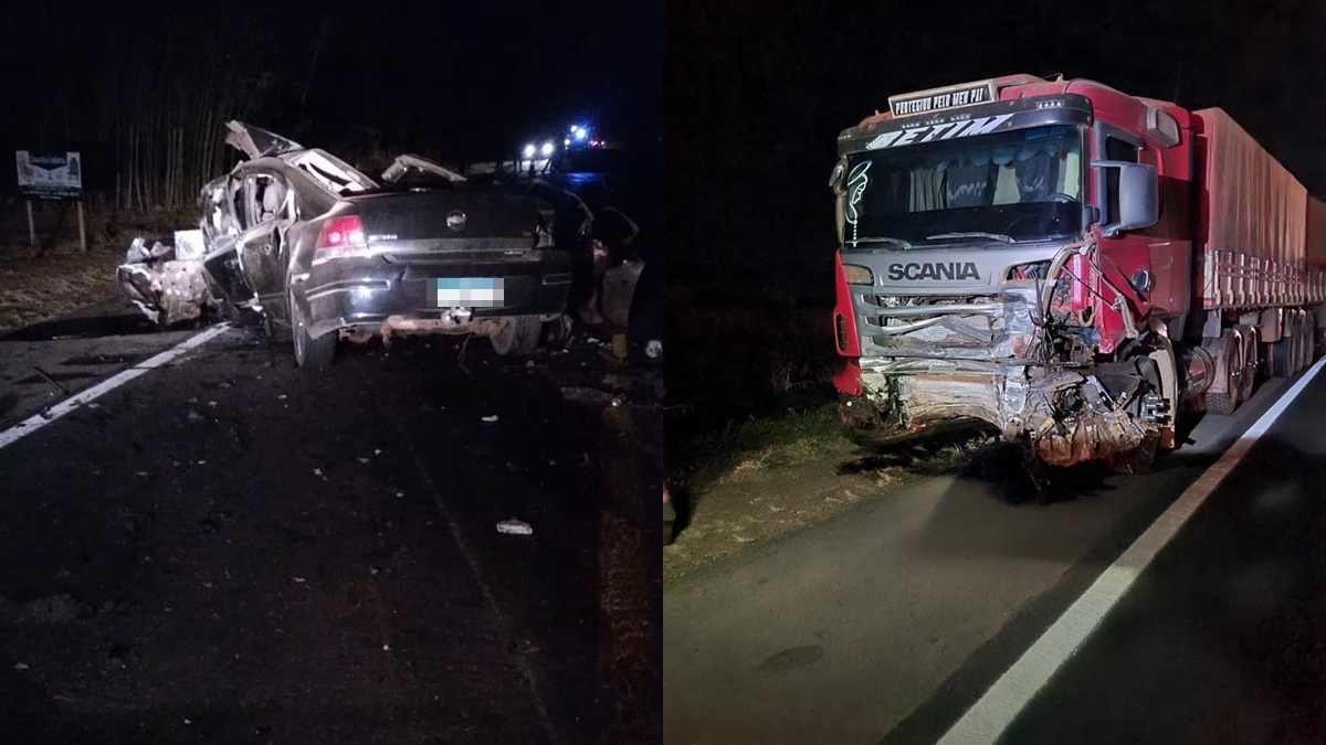 Veículos envolvidos em acidente - Cinco pessoas morreram em colisão frontal de carro com carreta na BR-364, em Mineiros. Cinco homens são as vítimas fatais