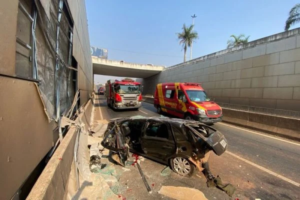Idoso morre após carro cair do viaduto da GO-080 em Goiânia (Foto: Divulgação - CBMGO)