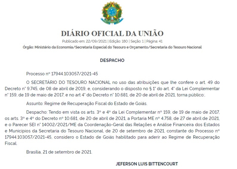 Diário Oficial da União publica autorização para Goiás aderir ao RRF