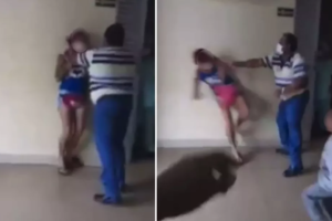 Mulher, acompanhada de uma criança, é agredida por porteiro de hospital, em Itumbiara (Foto: Reprodução/TV Anhanguera)