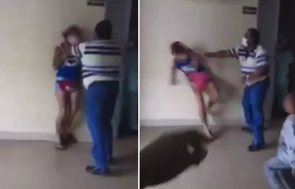 Mulher, acompanhada de uma criança, é agredida por porteiro de hospital, em Itumbiara (Foto: Reprodução/TV Anhanguera)