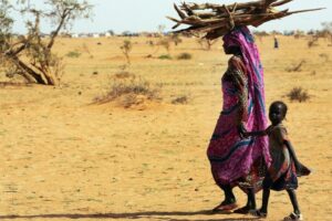 Mulher e criança africana passam com madeira debaixo de um forte sol