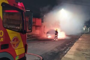 Carro pega fogo no meio da rua em Catalão e bombeiros desconfiam de ação criminosa (Foto: Corpo de Bombeiros)