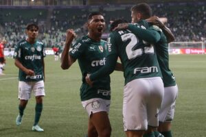 Jogadore do Palmeiras comemoram gol contra o Atlético-GO