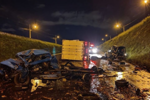Caminhão atinge dois veículos enquanto motoristas trocavam pneu na perimetral em Goiânia