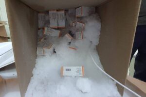 Doses de vacinas pediátricas da Pfizer chegam a Santa Catarina em caixa de papelão com gelo (Foto: Arquivo pessoal)