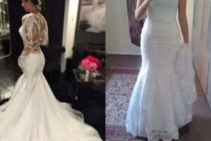 À esquerda, o vestido que foi comprado e à direita, o vestido alugado (Foto: Reprodução - G1)