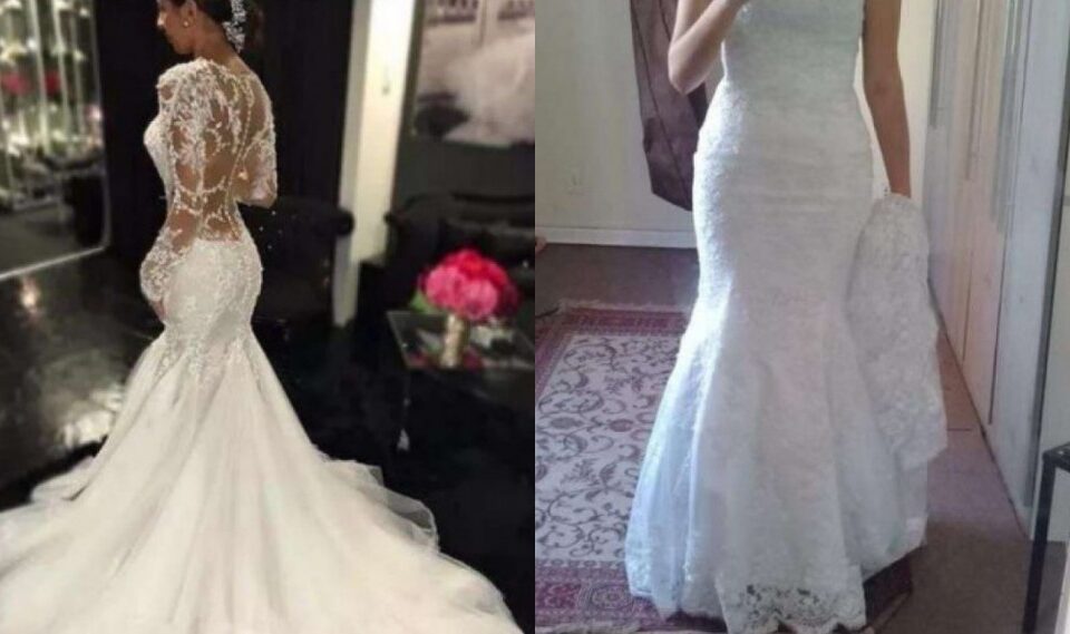 À esquerda, o vestido que foi comprado e à direita, o vestido alugado (Foto: Reprodução - G1)