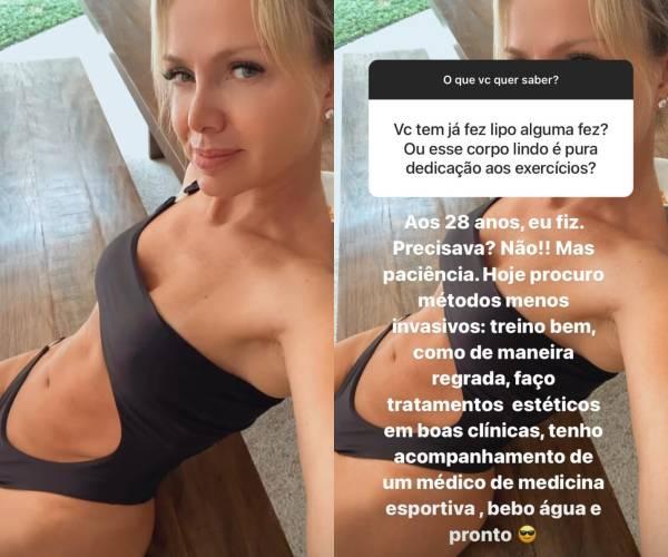 Apresentadora contou aos seguidores como cuida do corpo atualmente. Eliana revela lipoaspiração ao posar de maiô: veja foto