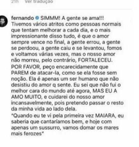 Sertanejo disse que "não foi o melhor cara do mundo" com a ex-noiva. Fernando Zor aumenta rumores de reconciliação com Maiara