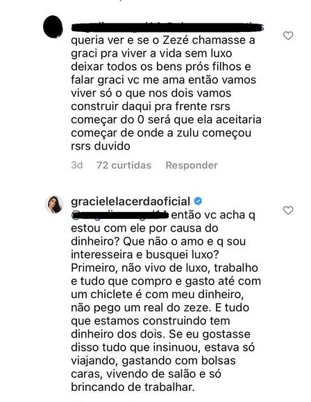 Graciele Lacerda se irrita após seguidor acusá-la de estar com Zezé di Camargo por interesse