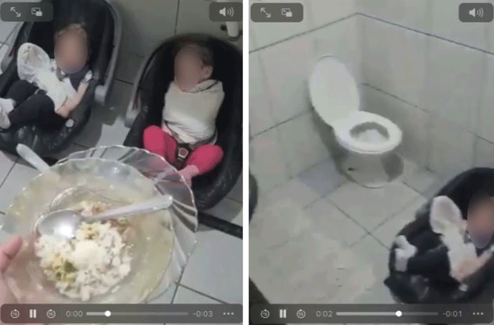 Crianças dentro de um banheiro, sentadas em cadeirinhas de bebês, no chão, embaixo de uma pia e próximas à privada. (Foto: Foto: Reprodução/Redes sociais)