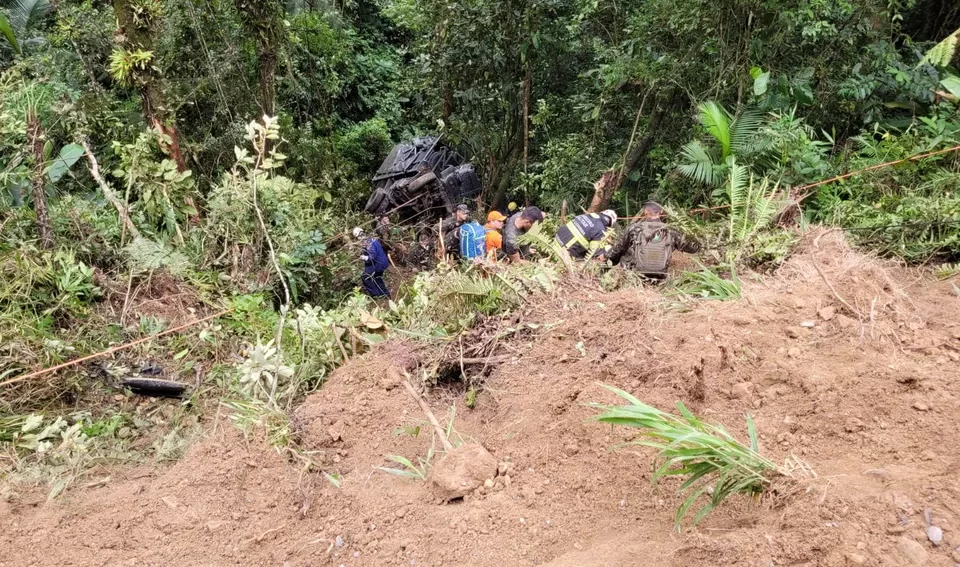 Caminhão caiu em ribanceira em estrada que fica entre Indaial e Blumenau — Foto: Corpo de Bombeiros/ Divulgação