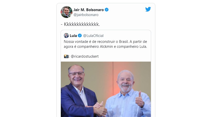 Bolsonaro ironiza foto de Lula com Alckmin e escreve 