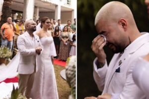 Yudi Tamashiro se casa com cantora Mila em SP e chora em cerimônia; vídeo