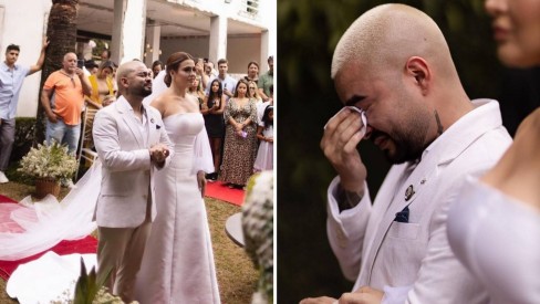 Yudi Tamashiro se casa com cantora Mila em SP e chora em cerimônia; vídeo