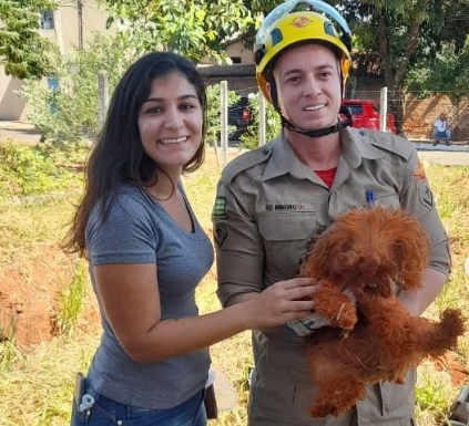Bombeiros resgatam cachorro preso em buraco de quase três metros em Goiânia